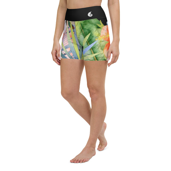 Yoga short hibiscus noir côté avant — Couleurs Lagon Nouvelle-Calédonie