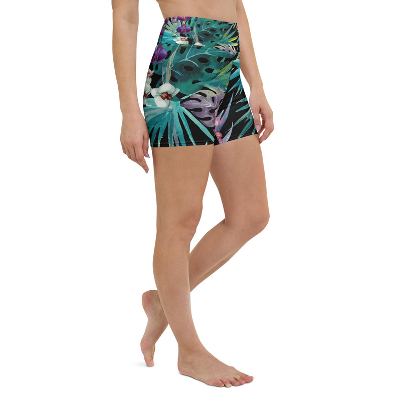 Couleurs Lagon - Yoga Shorts de Bain Taille Haute NOIR FLORAL LIBELLULE - 1 poche ceinture