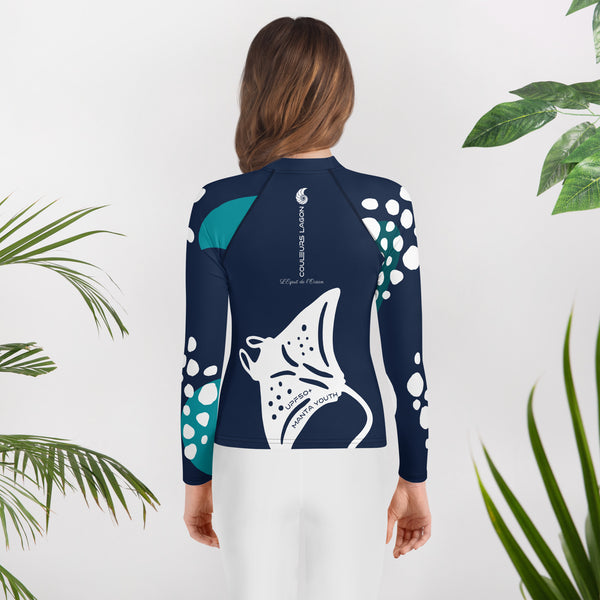 dos floral legging - Lycra Manche Longue UPF50 Ado 8-20 Bleu Marine - Couleurs Lagon
