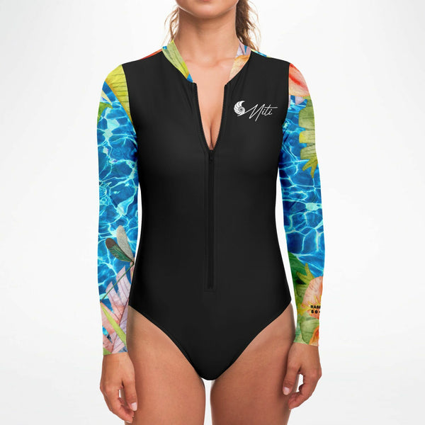 gros plan avant - Combi surf manches longues MITI Caraco ISLAND VIBES Couleurs Lagon