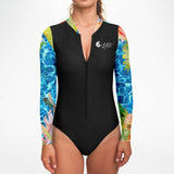 gros plan avant - Combi surf manches longues MITI Caraco ISLAND VIBES Couleurs Lagon