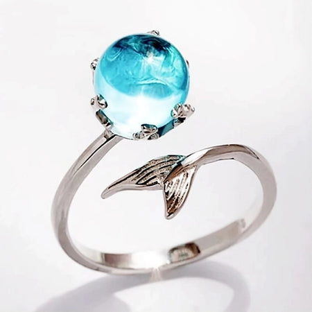 vue de profil - Bague Ajustable Ag 925 Perle Cristal Bleu Sirène - Couleurs Lagon