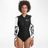 Combi surf femme manches longues MITI Nautile Blanc modèle 2 avant — UPF50+ Couleurs Lagon