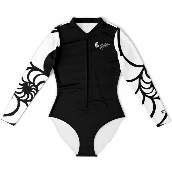 Combi surf femme MITI Nautile Blanc à plat avant — combinaison surf UPF50+ Couleurs Lagon