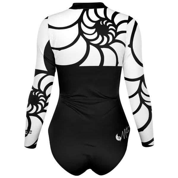 Combinaison surf femme manches longues MITI Nautile Blanc vue dos 3D — UPF50+ Couleurs Lagon