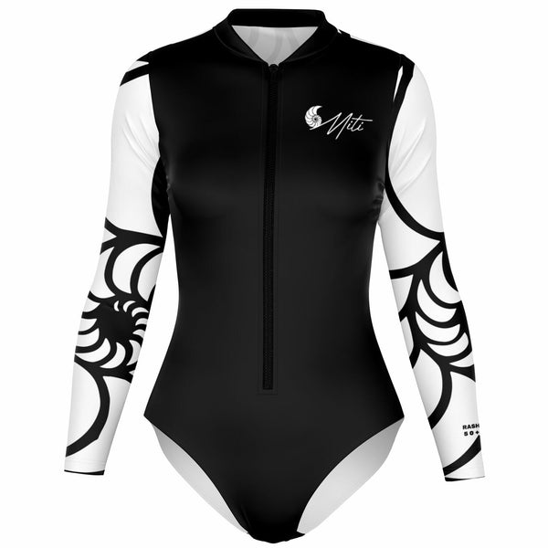 Combi surf femme manches longues MITI Nautile Blanc vue avant 3D — UPF50+ Couleurs Lagon