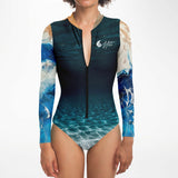 Détail tissu UPF50+ combi surf femme MITI Caraco Bleu Marine — Couleurs Lagon