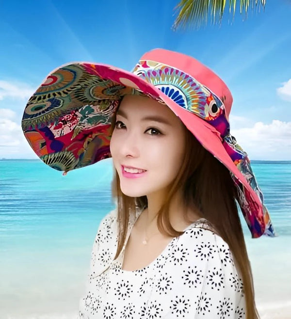 rose plage - Chapeau UV Tissu Grand Bord Pliable à Fleurs - Couleurs Lagon