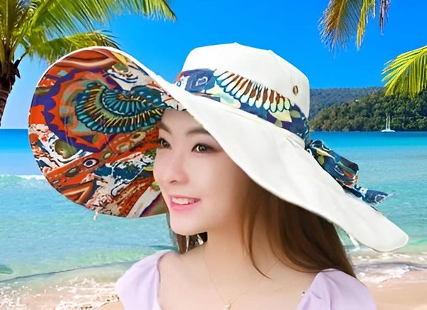 blanc - Chapeau UV Tissu Grand Bord Pliable à Fleurs - Couleurs Lagon