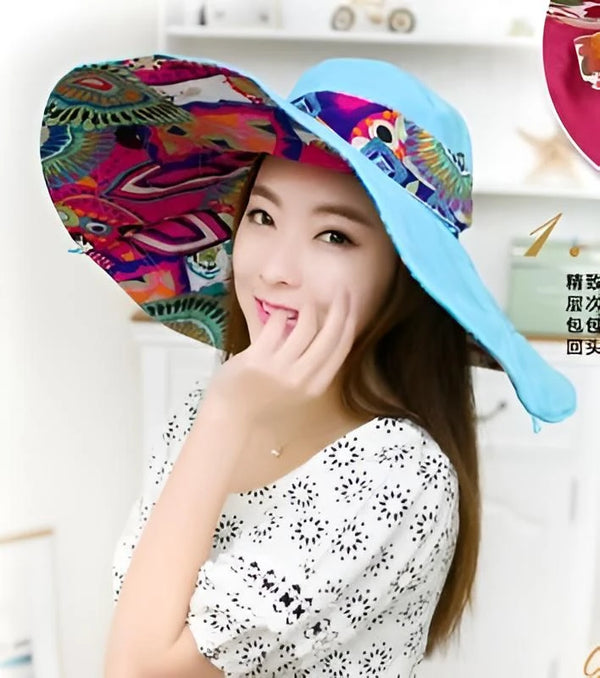 bleu ciel - Chapeau UV Tissu Grand Bord Pliable à Fleurs - Couleurs Lagon