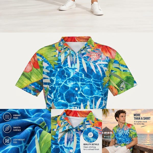 Chemise hawaïenne homme grande taille motif tropical bleu et corail, vue de face