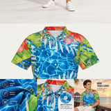 Chemise hawaïenne homme grande taille motif tropical bleu et corail, vue de face