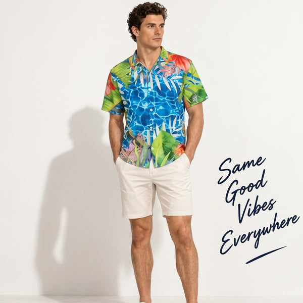 Chemise hawaïenne homme tropicale, vue de face sur fond blanc - presentation