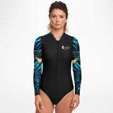 Combinaison surf femme manches longues UPF50+ Bénitier Bleu Océan — modèle avant — MITI Couleurs Lagon