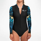 Détail zip avant combinaison surf femme UPF50+ — MITI Bénitier Bleu Océan Couleurs Lagon