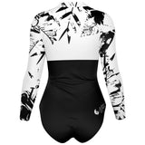 Combi surf manches longues MITI Hibiscus Noir & Blanc UPF50+ à plat, vue de dos - Couleurs Lagon