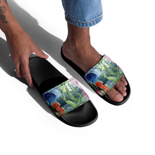 Tongs homme méduses portées avec jean - design Pacifique Couleurs Lagon