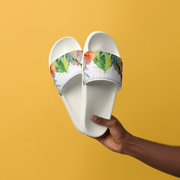 Claquettes homme blanc floral fond jaune - design Couleurs Lagon