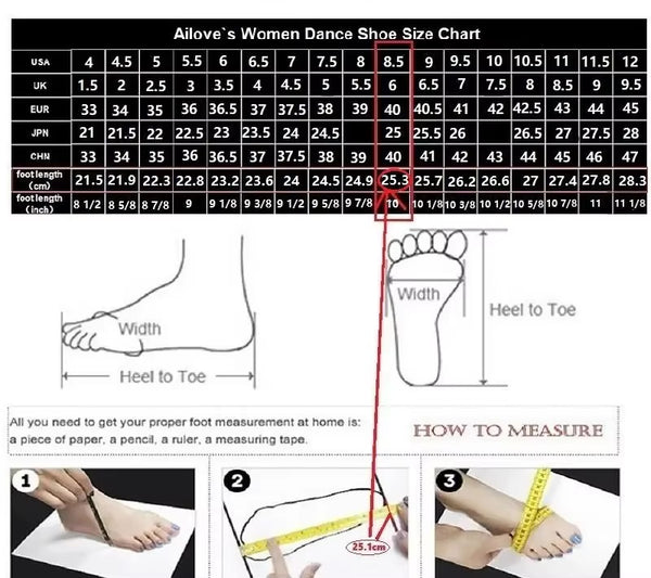 tableau des tailles - Chaussures de Danse Latine Noires à Talons Hauts – Modèle LUNA - Couleurs Lagon