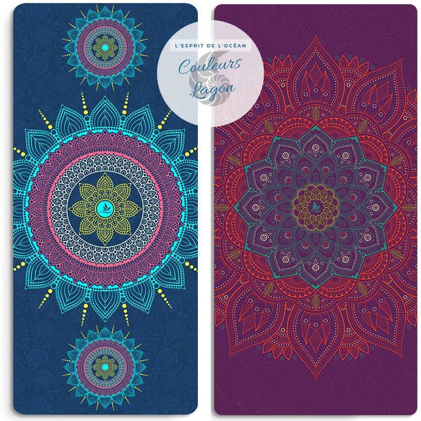 Tapis de yoga PRO mandala bleu rose roulé - Couleurs Lagon