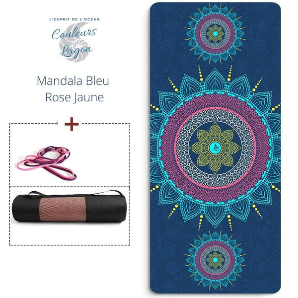 Tapis de yoga PRO mandala magenta roulé avec sangle de transport - Couleurs Lagon