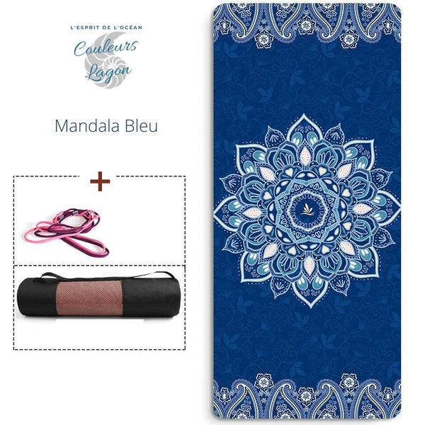 Tapis de yoga PRO mandala bleu roulé avec sangle de transport - Couleurs Lagon