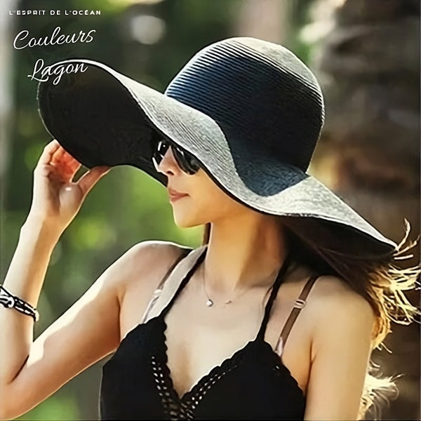 Chapeau Paille Pliant à Bord Large - Couleurs Lagon - noir