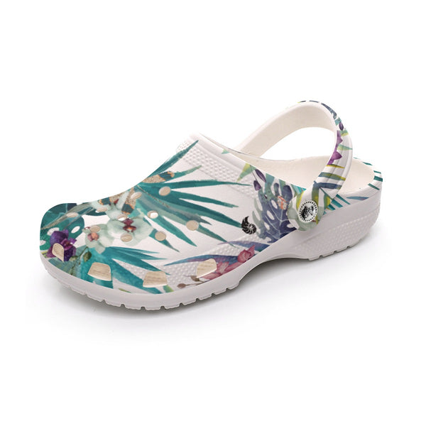 Sabots Crocs Homme Blanc Floral Libellule | Chaussures Plage EVA Légères | Couleurs Lagon — chaussure gauche