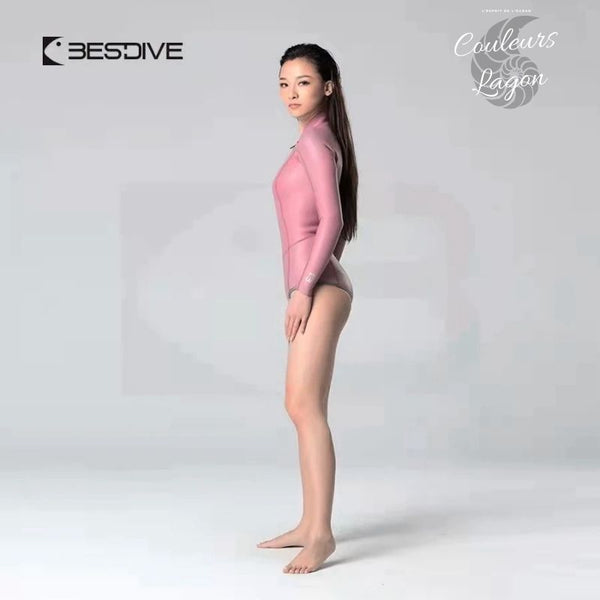 gauche rose - Couleurs Lagon - Combinaison Bikini Neoprene 2mm UPF50+ Manches Longues Zip Avant Peau Lisse III