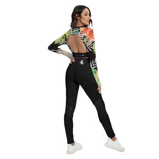 vue de dos - Ensemble sport femme top et legging dos nu floral noir hibiscus