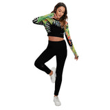 vue de face - Ensemble sport femme top et legging dos nu floral noir hibiscus
