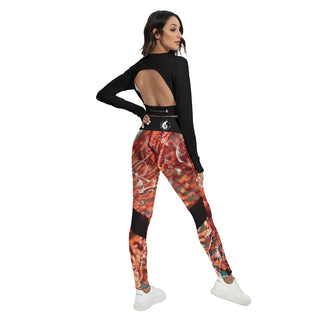 Ensemble sport femme top dos nu noir et legging gorgone rouge - dos nu détails