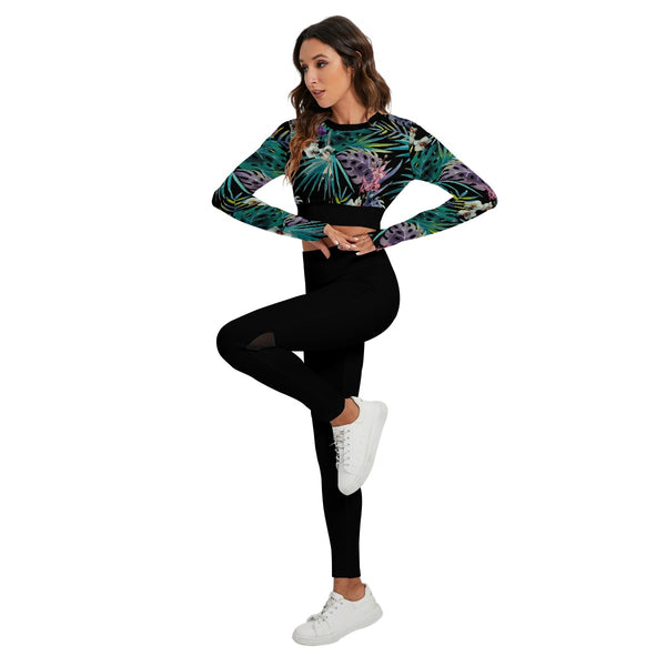Ensemble sport femme top et legging dos nu floral noir - profil gauche