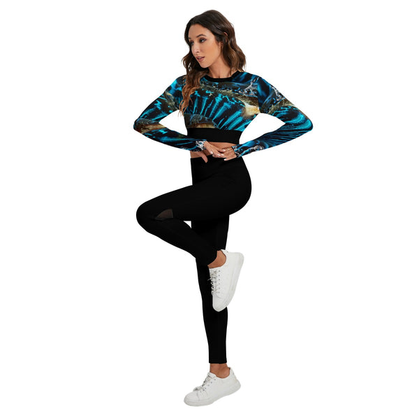 Ensemble sport femme top et legging dos nu noir bénitier bleu - avant gauche