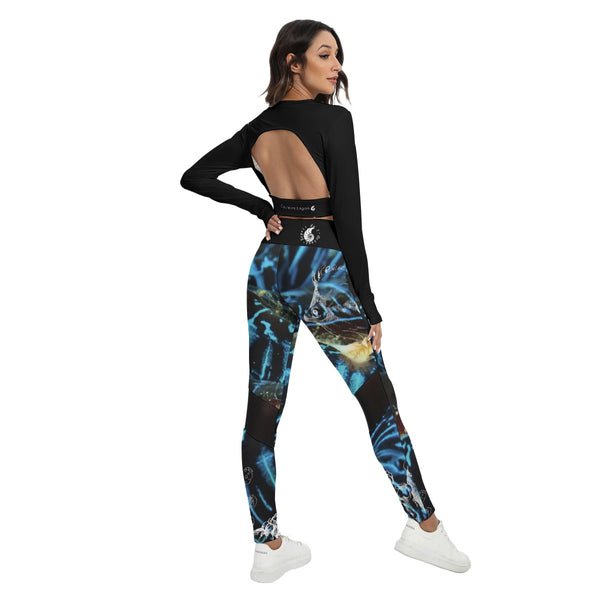 Ensemble sport femme top dos nu noir et legging bénitier bleu - dos nu détails