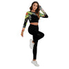 avant droit - Ensemble sport femme top et legging dos nu floral noir hibiscus