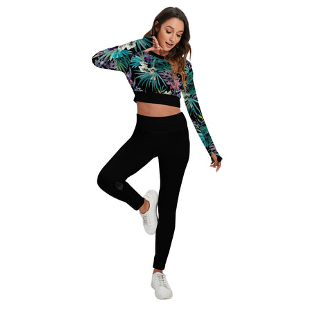 Ensemble sport femme top et legging dos nu floral noir - face avant
