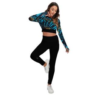 Ensemble sport femme top et legging dos nu noir bénitier bleu - avant