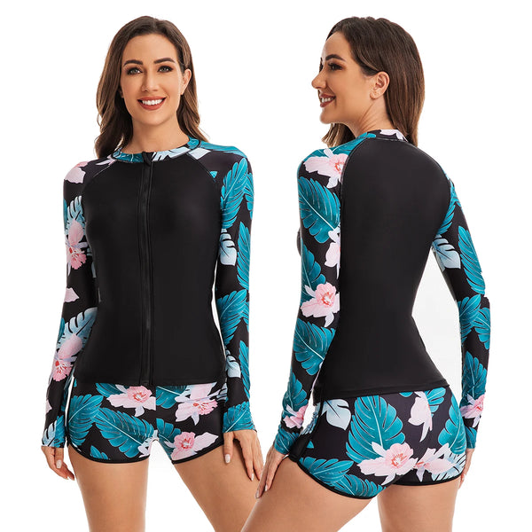 Couleurs Lagon - Bikini Push-Up Lycra Rashguard Manche Longue 2PCS veste et short ALOHA - avant et dos