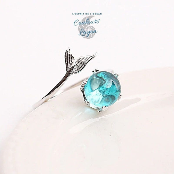 vue de dessus assiette - Bague Ajustable Ag 925 Perle Cristal Bleu Sirène - Couleurs Lagon
