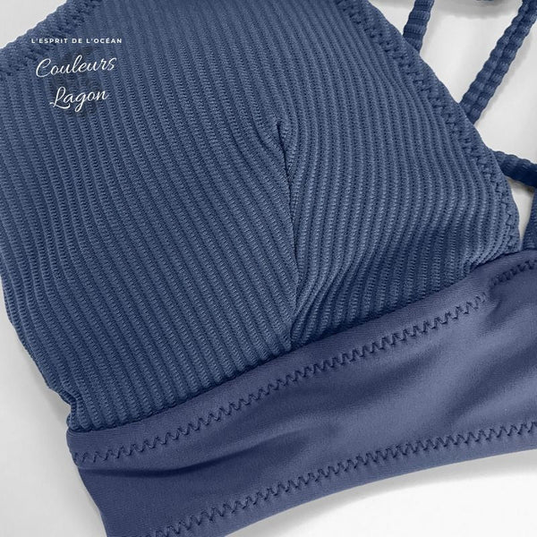 gros plan bonnet  avant finition et couture - Bikini Push Up Bleu AZUR Fleuri - Couleurs Lagon