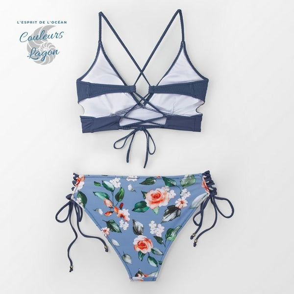 dos à plat - Bikini Push Up Bleu AZUR Fleuri - Couleurs Lagon