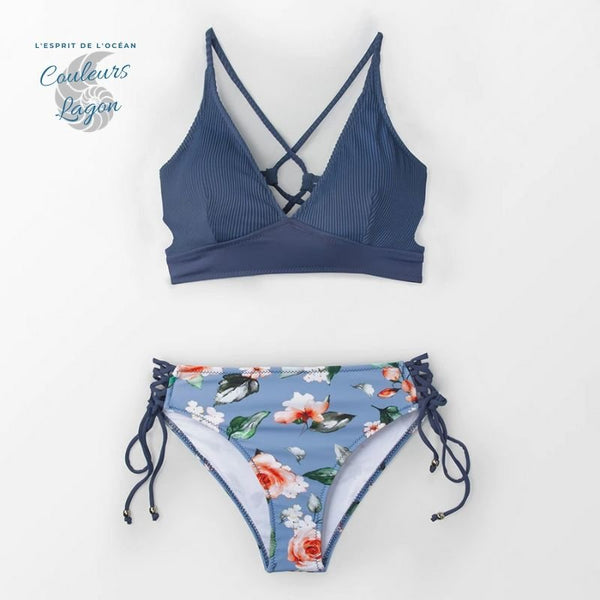 avant à plat - Bikini Push Up Bleu AZUR Fleuri - Couleurs Lagon