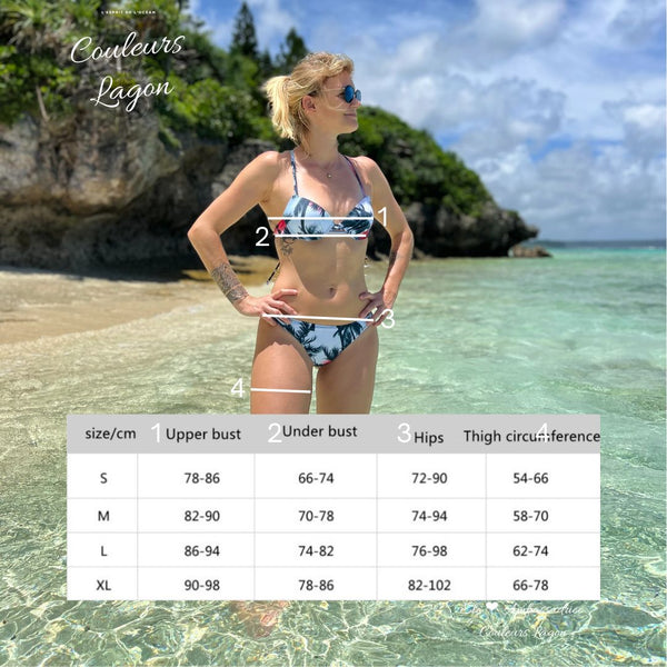 Bikini Push-Up Fendu à Bretelles Tressées Imprimé Noix de Coco Bas Tangua - Couleurs Lagon - tableau des tailles