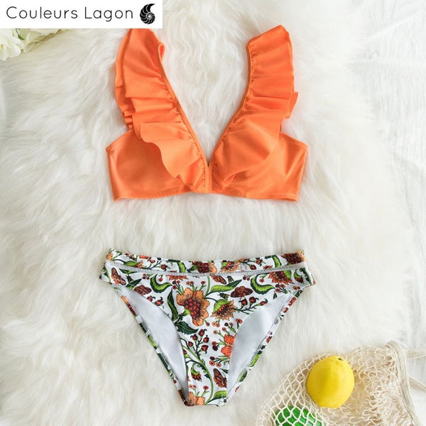 avant à plat - Bikini Push Up Floral Orange à Volants - Couleurs Lagon