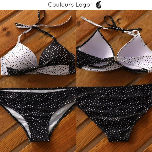 Bikini Push-Up Floral Star - Couleurs Lagon - noir & blanc avant et dos