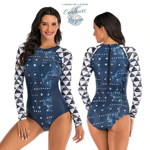 Bikini Push-Up Rashguard Manche Longue BLEU OCEAN - Couleurs Lagon - avant et dos