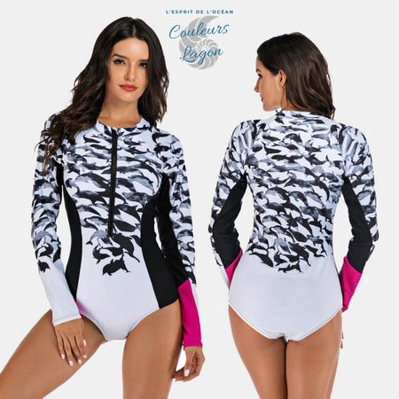 Bikini Push-Up Rashguard Manche Longue DOLPHIN PLAY - Couleurs Lagon - avant zip et dos