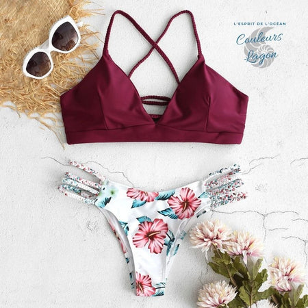 Bikini Push-Up Tangua Brésilien CASSIS FLORAL - Couleurs Lagon