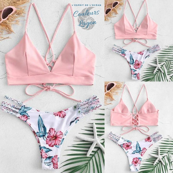 Bikini Push-Up Tangua Brésilien ROSE FLORAL - Couleurs Lagon